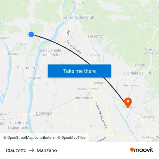Clauzetto to Manzano map