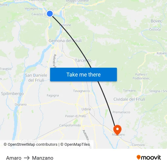 Amaro to Manzano map