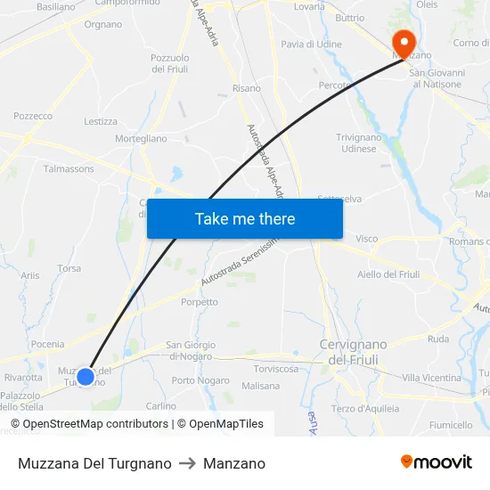 Muzzana del Turgnano to Manzano map