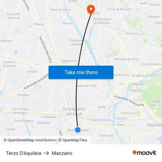 Terzo d'Aquileia to Manzano map