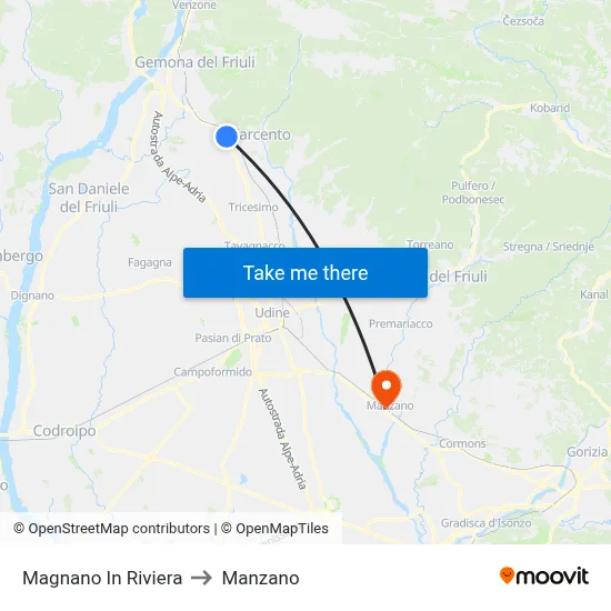 Magnano In Riviera to Manzano map