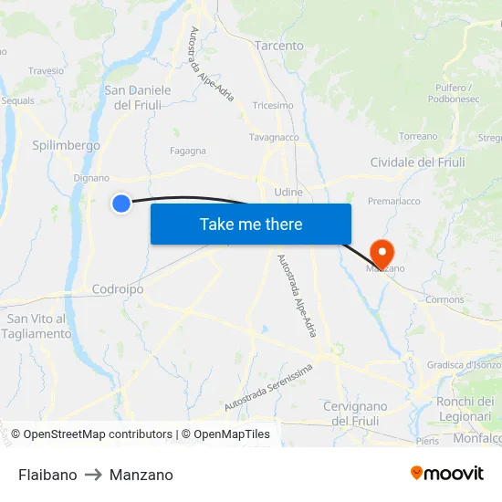 Flaibano to Manzano map