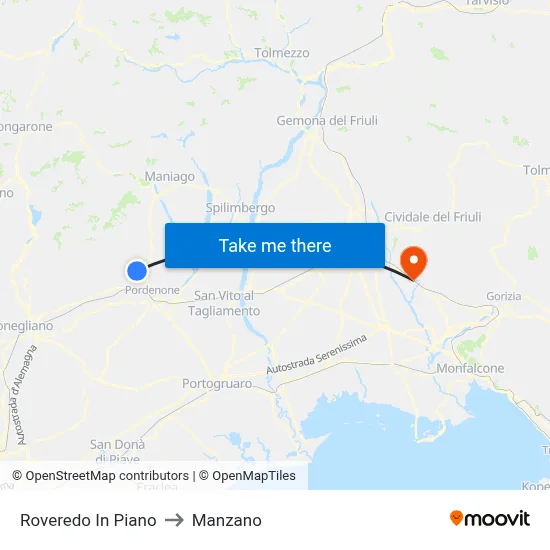 Roveredo in Piano to Manzano map