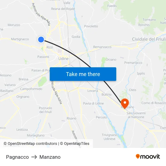 Pagnacco to Manzano map