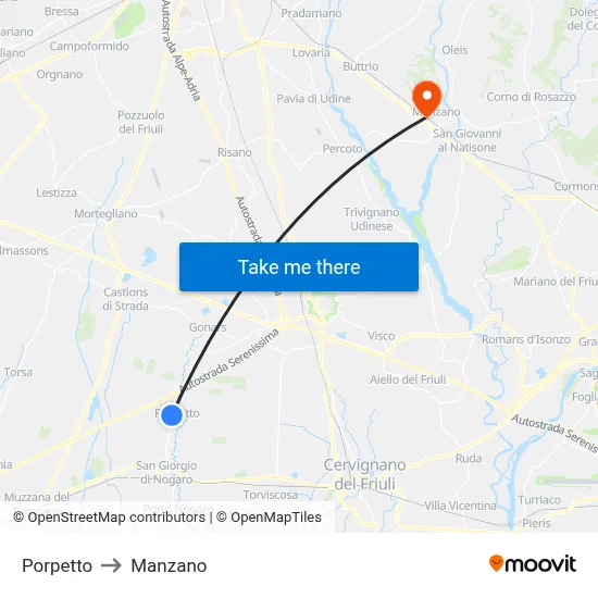 Porpetto to Manzano map