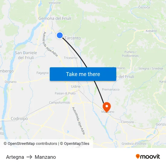 Artegna to Manzano map