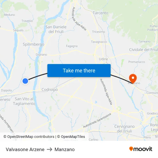 Valvasone Arzene to Manzano map