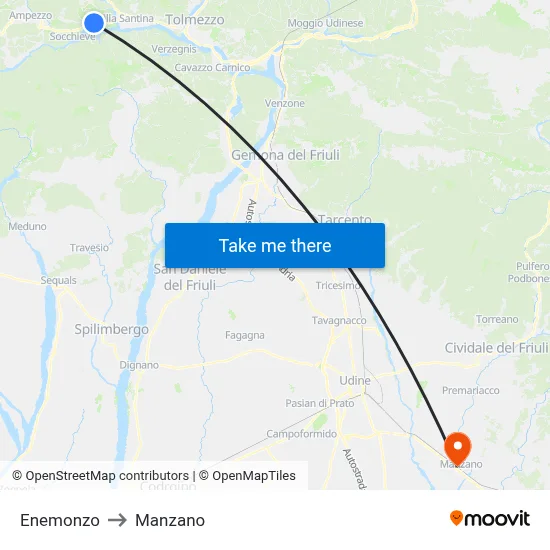 Enemonzo to Manzano map