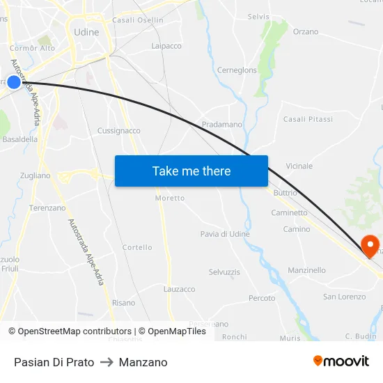 Pasian di Prato to Manzano map