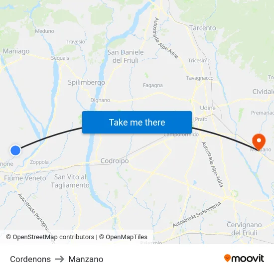 Cordenons to Manzano map