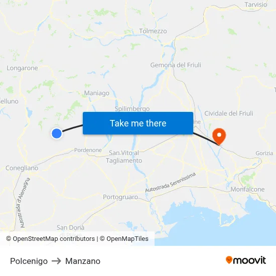 Polcenigo to Manzano map