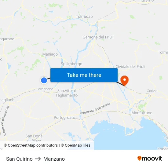 San Quirino to Manzano map