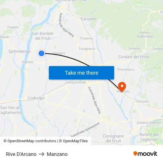 Rive d'Arcano to Manzano map