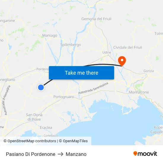 Pasiano Di Pordenone to Manzano map