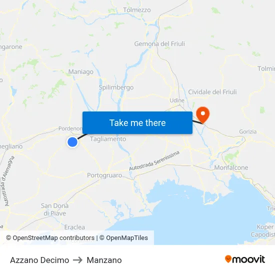 Azzano Decimo to Manzano map