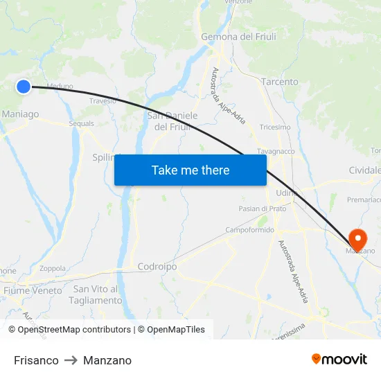 Frisanco to Manzano map