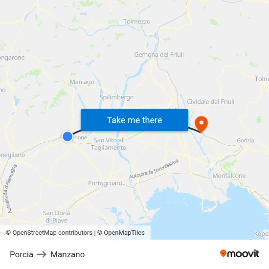 Porcia to Manzano map