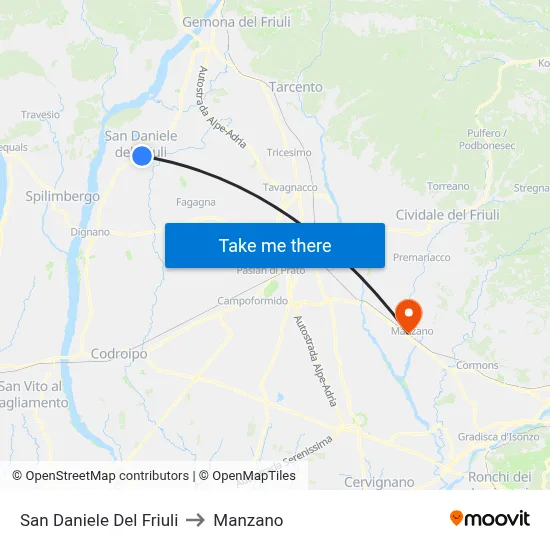 San Daniele del Friuli to Manzano map