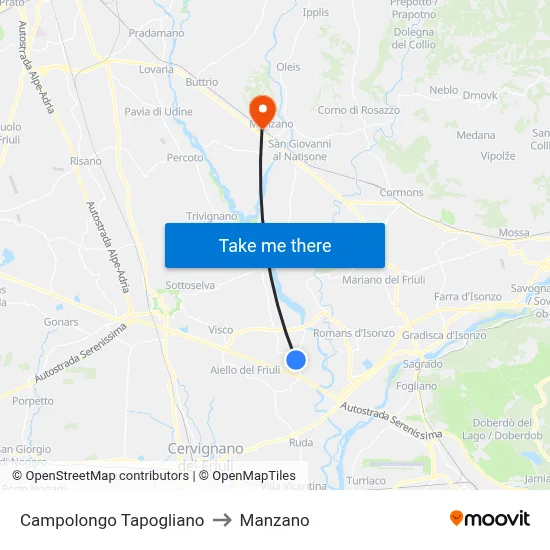 Campolongo Tapogliano to Manzano map