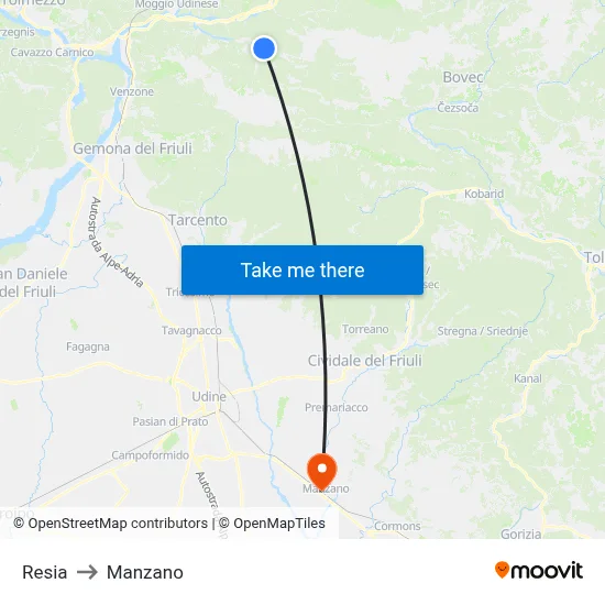 Resia to Manzano map