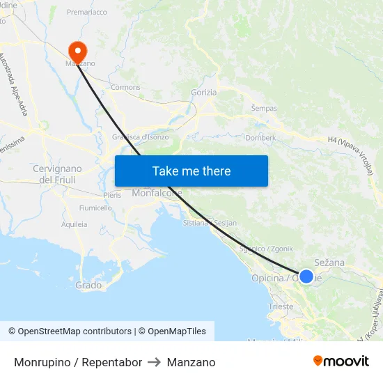 Monrupino / Repentabor to Manzano map