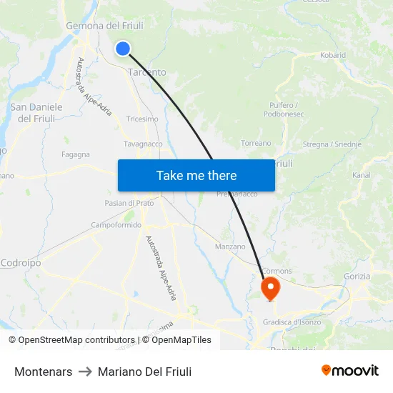 Montenars to Mariano del Friuli map