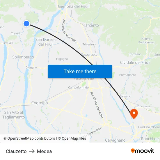 Clauzetto to Medea map