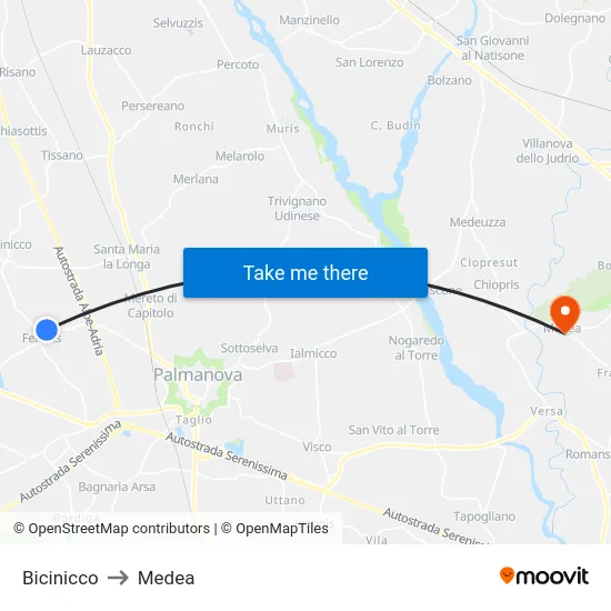 Bicinicco to Medea map