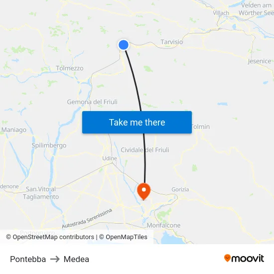 Pontebba to Medea map
