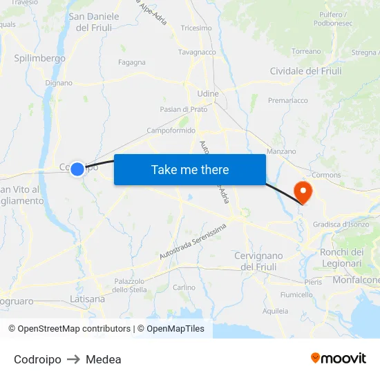 Codroipo to Medea map