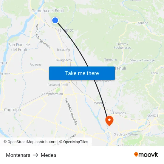 Montenars to Medea map