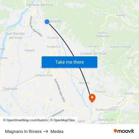 Magnano In Riviera to Medea map