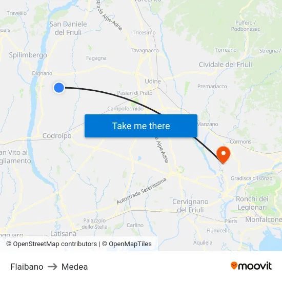Flaibano to Medea map