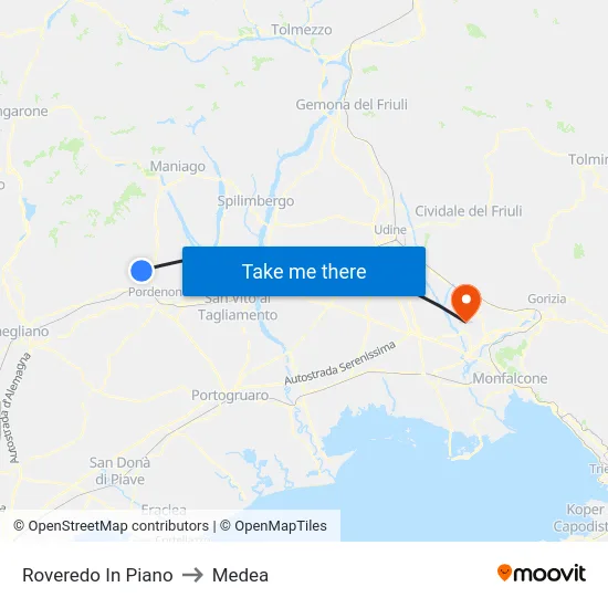 Roveredo In Piano to Medea map