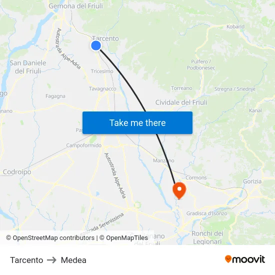 Tarcento to Medea map