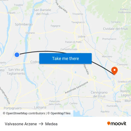 Valvasone Arzene to Medea map
