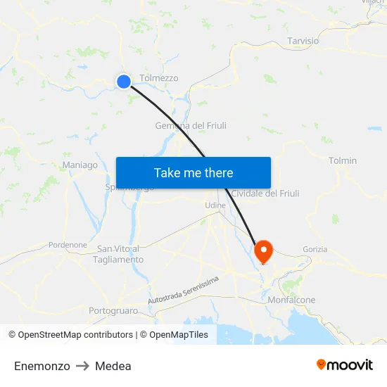 Enemonzo to Medea map