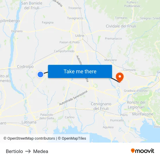 Bertiolo to Medea map