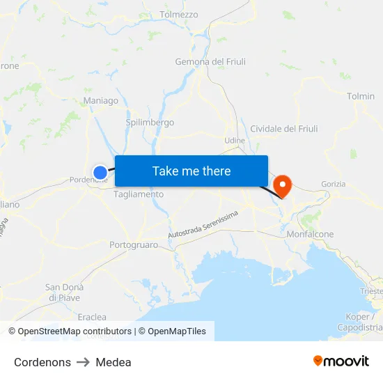 Cordenons to Medea map