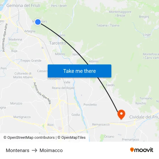 Montenars to Moimacco map