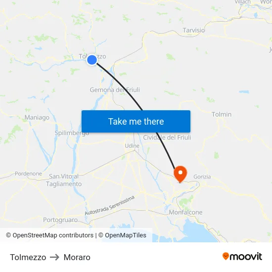 Tolmezzo to Moraro map