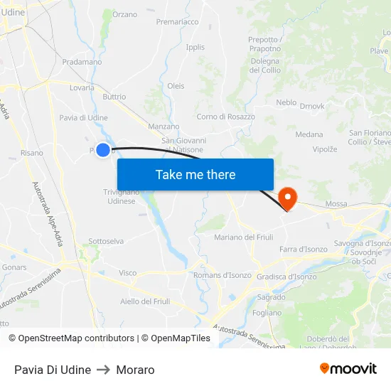 Pavia Di Udine to Moraro map