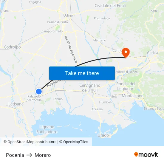 Pocenia to Moraro map