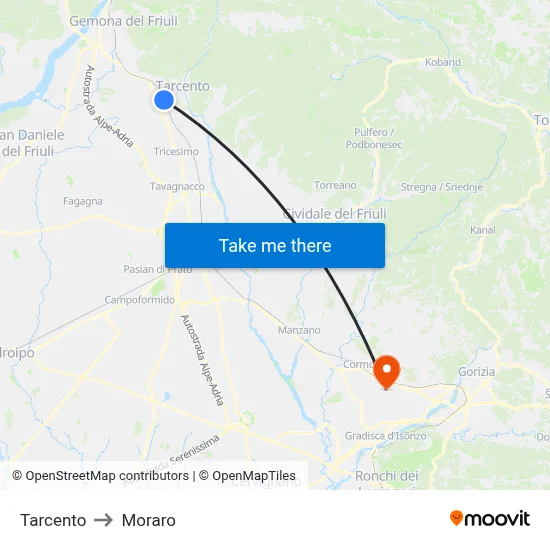 Tarcento to Moraro map