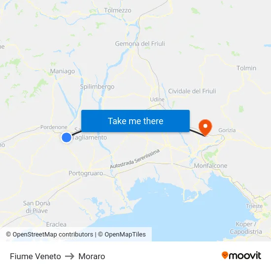 Fiume Veneto to Moraro map