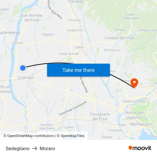 Sedegliano to Moraro map