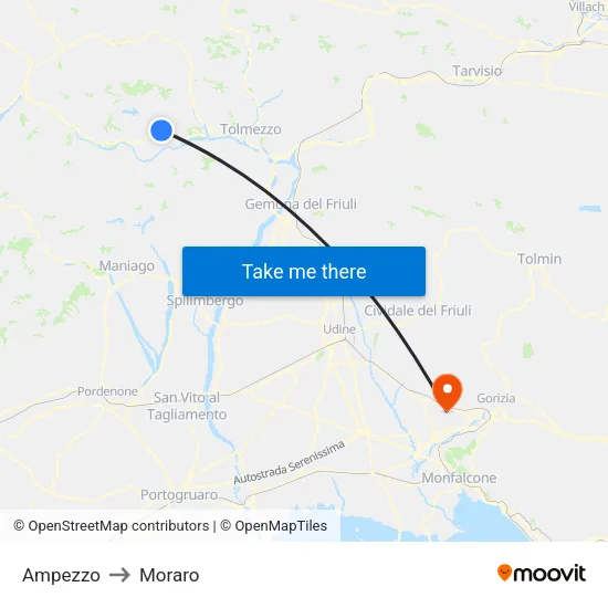 Ampezzo to Moraro map