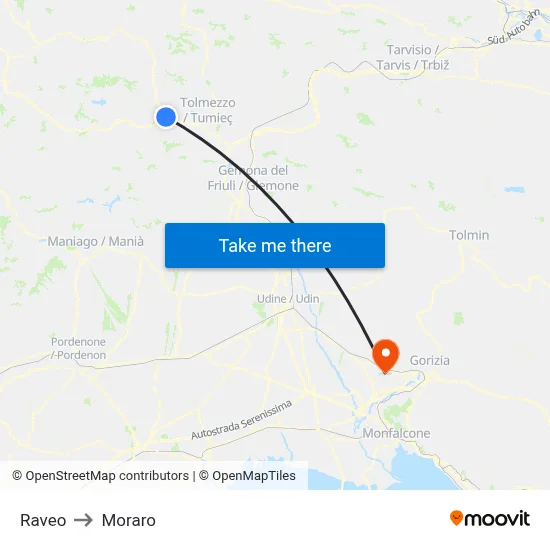 Raveo to Moraro map