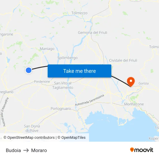 Budoia to Moraro map