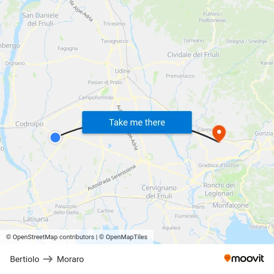 Bertiolo to Moraro map